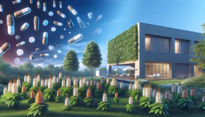 A garden with St. John's Wort next to a modern pharmacy, symbolizing a combined approach to treating depression.