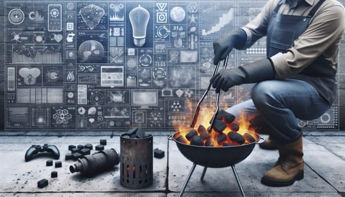 Individual using a chimney starter outdoors on concrete, wearing gloves, pouring coals into grill with tongs.