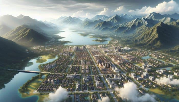 Aerial view of Queenstown neighbourhoods, showing property value influences like lakes, mountains, and amenities.