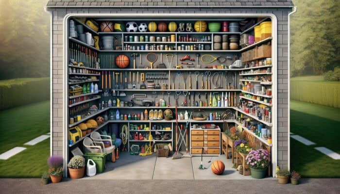 Techniques for Clearing Garages in the UK: A well-organised garage with labelled sections for various categorized items.