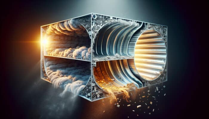 Duct Cleaning Services in Ladner Delta: Cross-section of HVAC duct showing contrast between dirty section with dust, mold, debris and clean, well-maintained section.