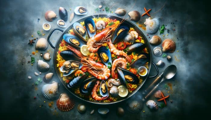 A vibrant seafood paella featuring shrimp, mussels, clams, calamari, and white fish on saffron rice.