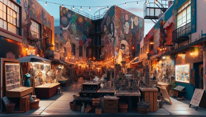 Best Las Vegas Stores for Unique Gifts: A bustling Las Vegas Arts District street at dusk with eclectic boutiques and galleries showcasing local and international art.