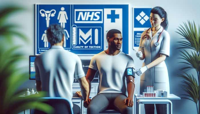 Men over 40 at an Aberdeen clinic undergoing testosterone tests, with NHS protocol signs and medical staff.