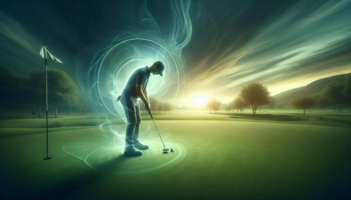 A golfer mastering putting nerves on a serene green at sunset.