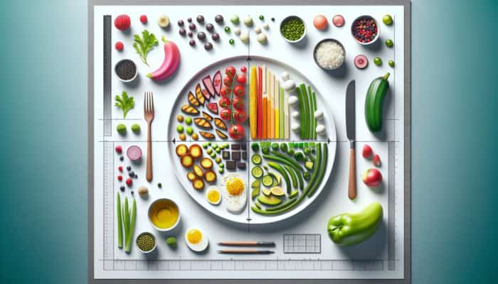 A gourmet plate demonstrating visual balance with symmetry, asymmetry, varied heights, and strategic spacing.
