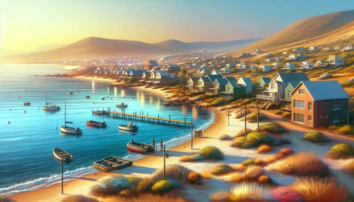 A serene Krugersdorp coastal scene with affordable, charming homes along a vibrant shoreline.