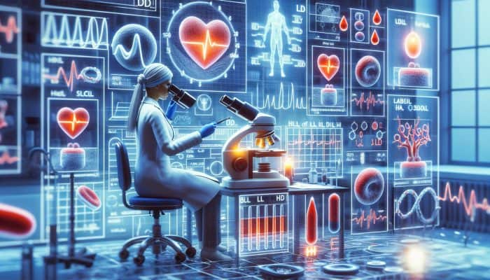 Cholesterol Blood Test in Carlisle: A lab technician analysing a blood sample under a microscope, with charts showing LDL, HDL, and triglyceride levels.