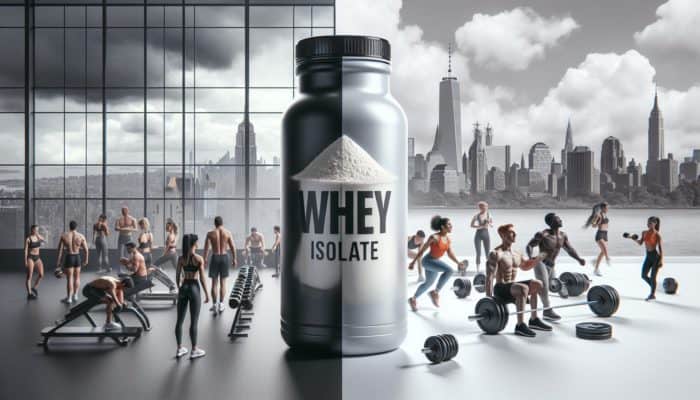 Exploring Whey Isolate Brands: Stylish gym bottle with whey isolate powder, featuring vibrant fitness scenes from New York and Bali.