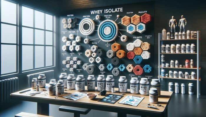 Whey isolate brand comparison chart showcasing protein content, purity, and flavors against a backdrop of gym equipment.