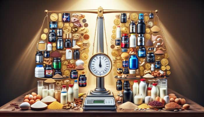 A scale displaying whey isolate brands, price tags, and value indicators against a backdrop of protein sources and processing methods.