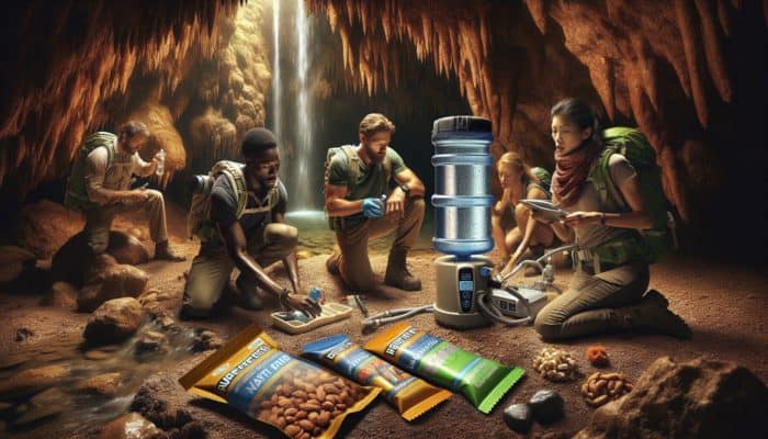 Explorers in a cave rationing food and water, using a filtration system by an underground stream, with snacks.