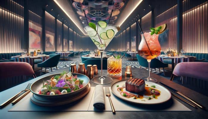 A Las Vegas dining scene with Cucumber Gin Fizz and light salad, Bourbon Smash and steak, illustrating flavor pairing.