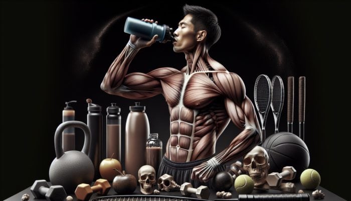 A professional athlete drinking hydrolyzed collagen supplement, surrounded by sports equipment, with highlighted tendons.