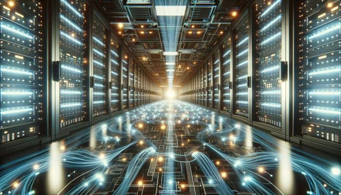 A futuristic server room with glowing caches boosting data speed through light streams.