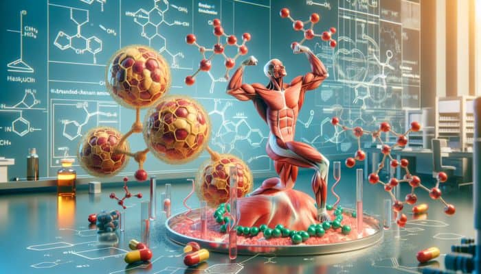 Illustration of BCAAs interacting with muscle fibers, promoting growth in a lab setting.