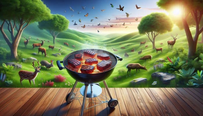 Sizzling grass-fed beef steaks on a grill amidst lush pastures and diverse wildlife, symbolising health and sustainability.