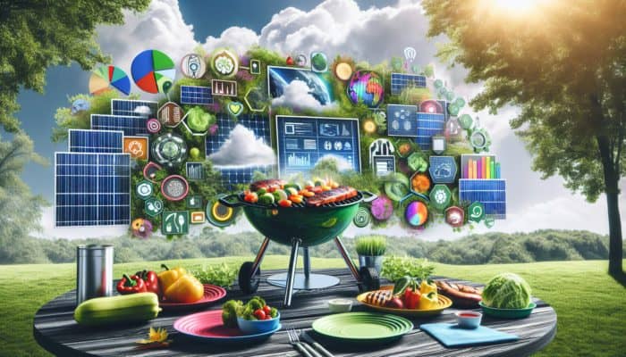A vibrant BBQ scene with solar grills, reusable plates, and lush greenery, symbolising reduced carbon footprint.
