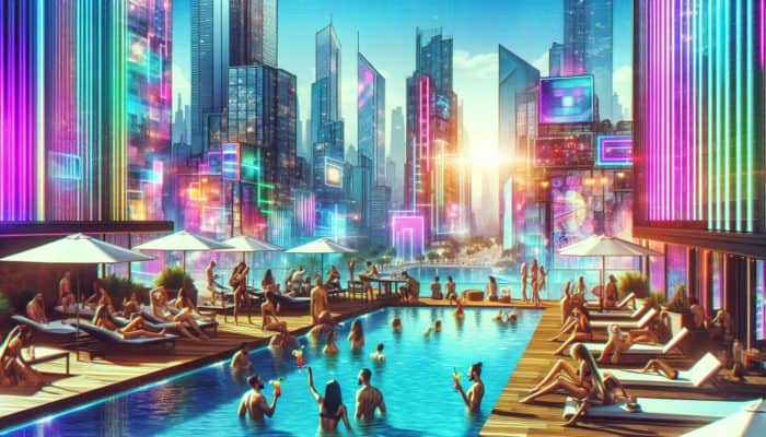 Groups enjoying colourful cocktails and the sun at The Pool at The Cosmopolitan, overlooking the vibrant Las Vegas Strip.