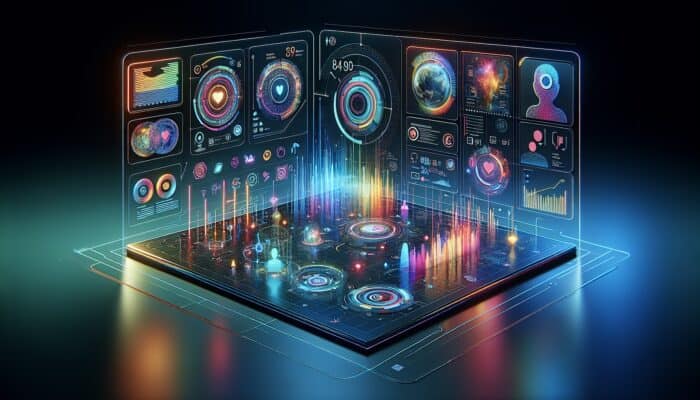 A futuristic digital interface showing personalized content recommendations with vibrant graphs and holographic elements.