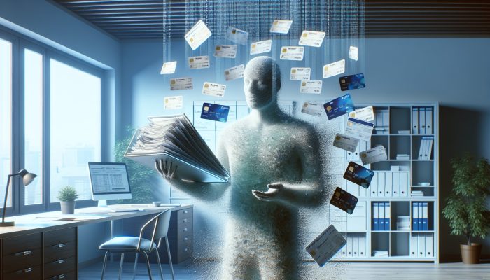 Can Debt Consolidation Lead to More Debt: UK Insights | DCL A person relieved in a home office, holding a single document amidst scattered credit cards and loan papers, symbolising debt consolidation.