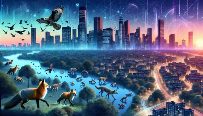 Urban Predator Awareness: A cityscape at dusk with foxes, raccoons, and hawks in urban areas.