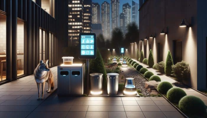 Urban landscape at dusk with measures to coexist peacefully with predators like coyotes.