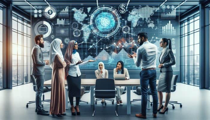 Financial experts analysing graphs and charts on debt consolidation loan calculators in a conference room.