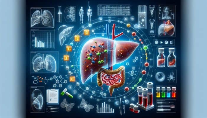 Liver Blood Test in Salisbury: Illustration of liver function tests analyzing blood samples for enzymes and proteins, showing liver's role in metabolism and detoxification.
