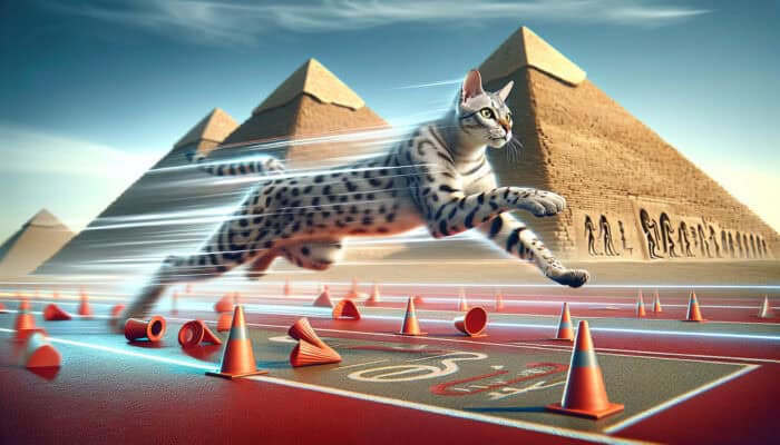 Egyptian Mau cat sprinting on a track with speed training equipment, ancient Egyptian pyramids in background.