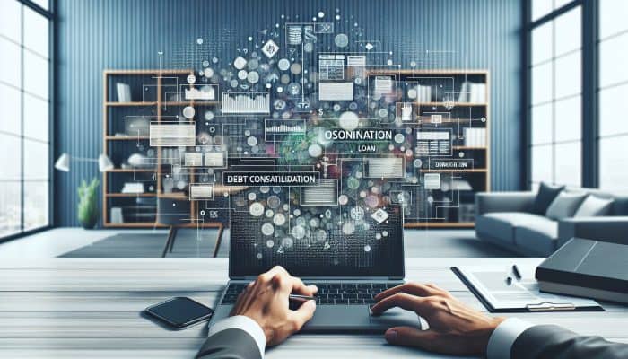 A person organizing financial documents and using a laptop for a debt consolidation loan application in a modern home office.