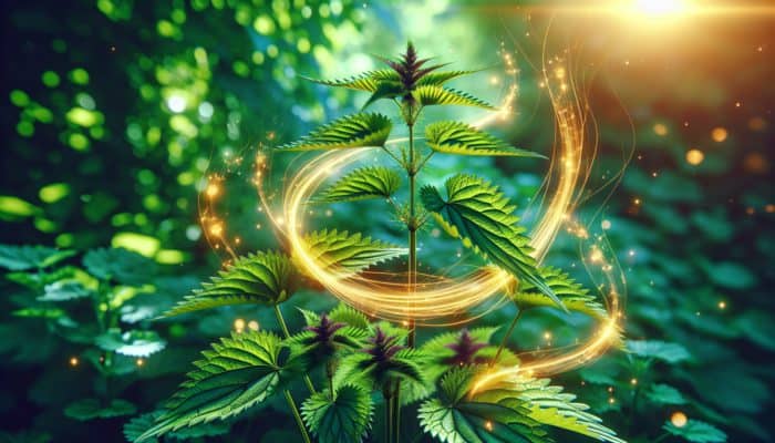 Illustration of lush nettle plants in a UK garden, symbolising hair growth and scalp health.