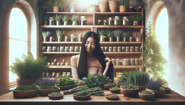 A London herbalist's workshop with nettle and rosemary, aiding a client's revitalised hair growth.