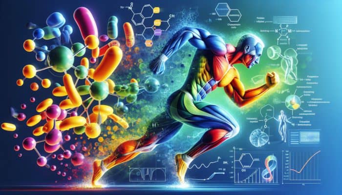 Illustration of leucine, isoleucine, and valine energizing and repairing muscle fibers, with an athlete in motion.