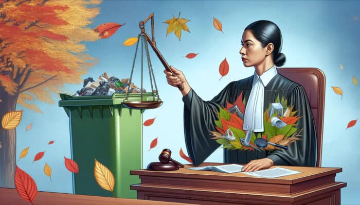A judge in a courtroom with autumn leaves and bins, imposing fines and legal actions for waste rule violations.