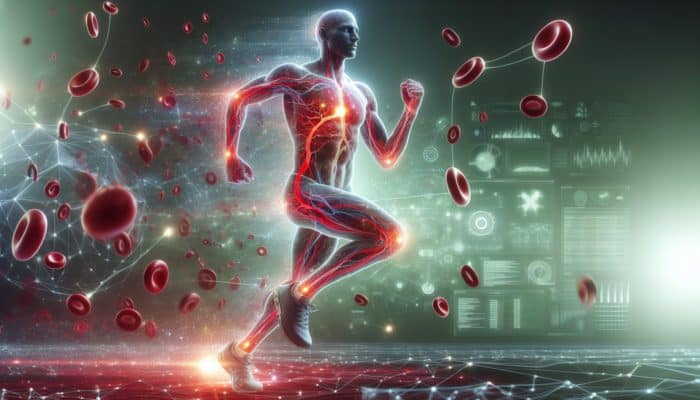 Iron Supplements for Endurance Runners: An endurance runner with glowing red blood cells, illustrating iron's role in oxygen transport and performance.