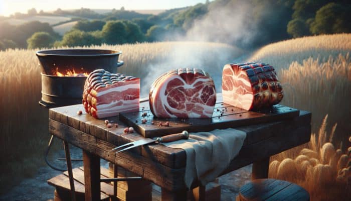 Arkansas BBQ Pork Sandwich Tips: Smoky BBQ setup with marbled pork shoulder, fatty pork butt, and lean pork loin on a rustic table.