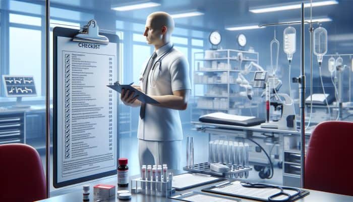 A person reviewing a checklist in a clinical setting, with medical equipment and a cholesterol test kit in the background.