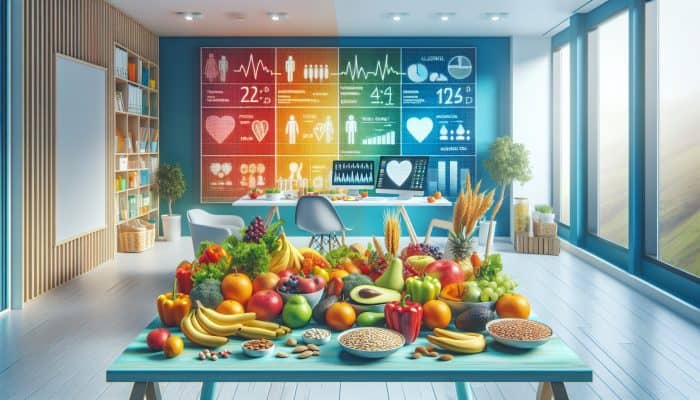A table with fruits, vegetables, whole grains, and healthy fats like avocados and nuts, in front of a health clinic.