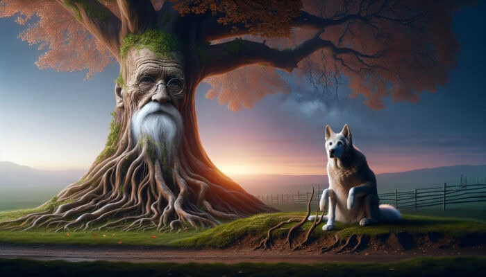 Old Dogs Can't Learn Tricks: An elderly dog by an ancient tree at dusk, symbolising aging and learning challenges.