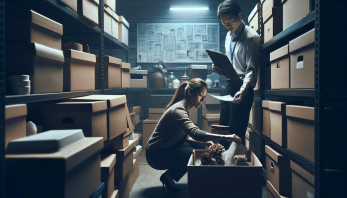 Family Help for UK Bereavement Clearance: A person sorting through a deceased loved one's items in a dimly lit room, assisted by a professional organizer.