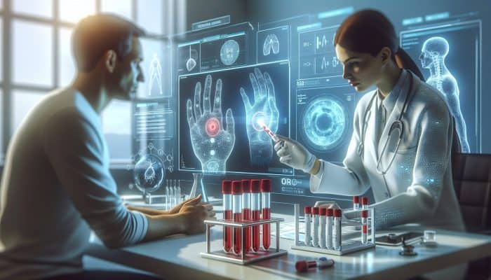 Illustration of a ferritin blood test in a Guildford clinic with a doctor guiding a patient.