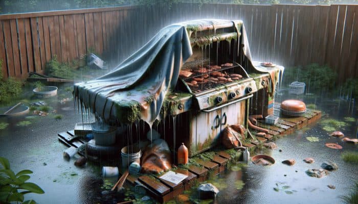 A rusted, moldy barbecue grill under a loose, oversized cover in a rainy backyard with puddles.
