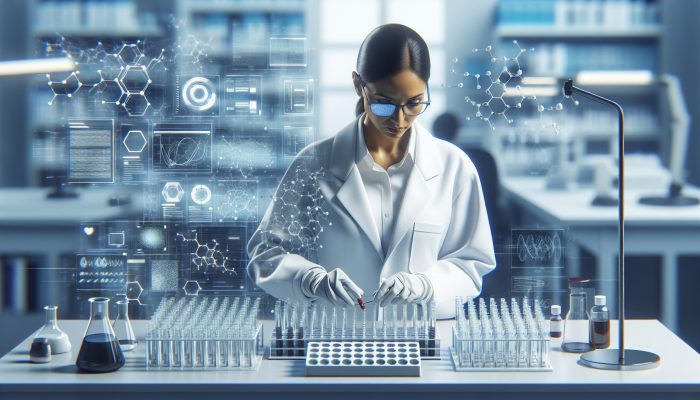 A lab technician preparing a cholesterol test kit on a lab bench with medical equipment.