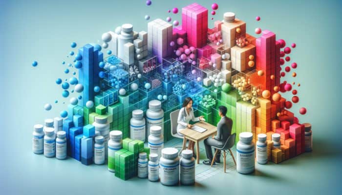 Person consulting healthcare provider about safe supplement stacking in a modern clinic, surrounded by bottles and a chart.