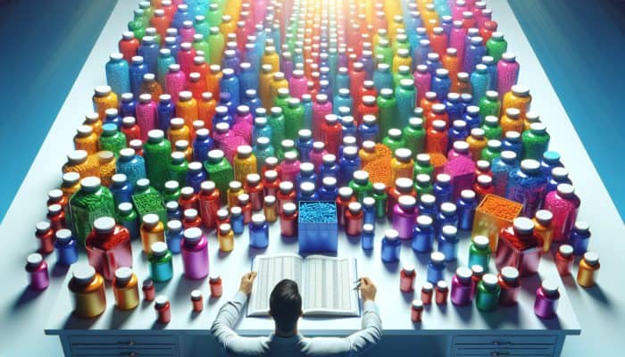 A person organizing colorful supplement bottles on a table with an open journal, symbolizing safe stacking practices.