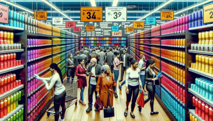 Buy Polythene Gloves in Livingston: A busy store in Livingston's Almondvale South with shelves of disposable polythene gloves and shoppers.