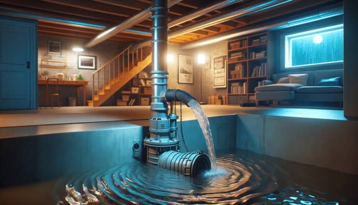 Sump Pump Services in Mission: Sump pump in Canadian basement removing water during heavy rainfall, ensuring a dry, safe living space.