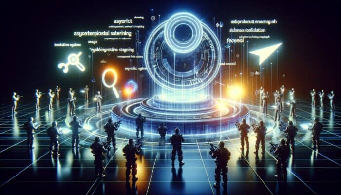 A digital battlefield with glowing keywords as weapons, competitors strategizing around a holographic search engine.