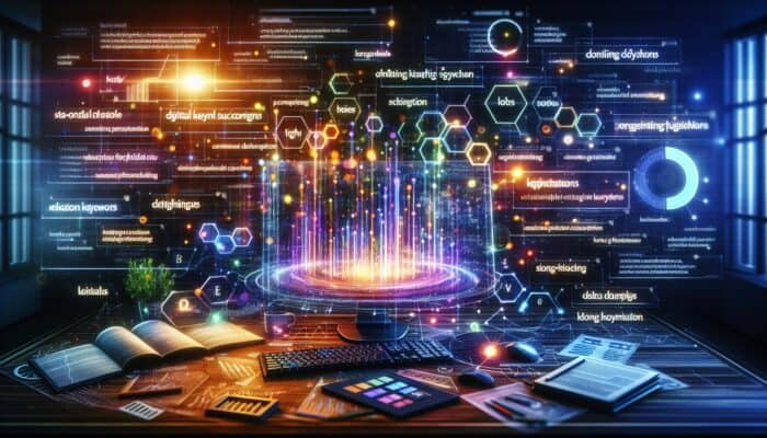 A digital marketer updates a keyword list on a computer, with graphs showing market trends and data.